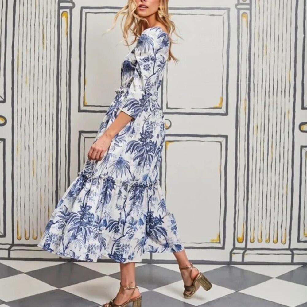 Cara Cara Blue Hill Dress jacobean toile navy blue white Size 4